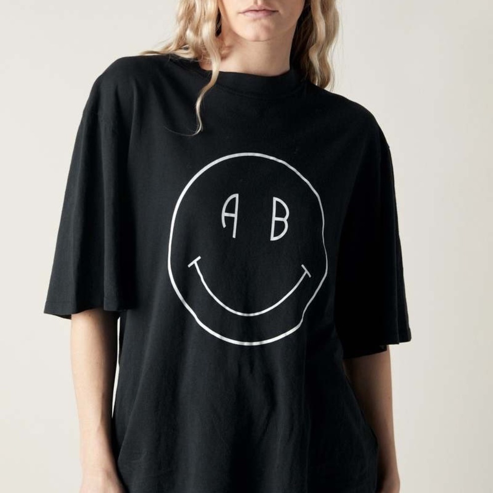 Anine Bing Avi Smiley Tee Vintage Black Size M